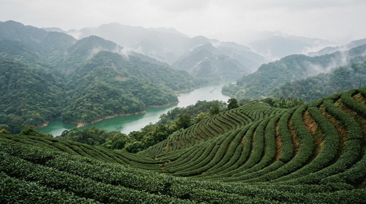 Rows of tea bushes curving over a ridge above the green water of Thousand Island Lake on a Pinglin tea plantation tour near Taipei, Taiwan