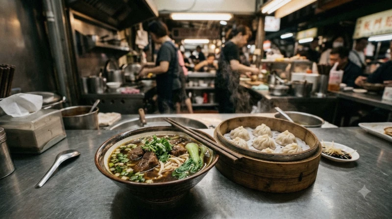 Bowls of beef noodle soup and steamed dumplings at a Dongmen Market stall on a private food tour, one of the evening Taipei tours in Taiwan