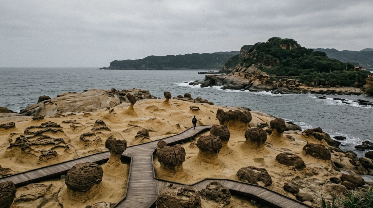 Mushroom rocks spread across the honeycombed sandstone platform of Yehliu Geopark with the Pacific behind, New Taipei, Taiwan