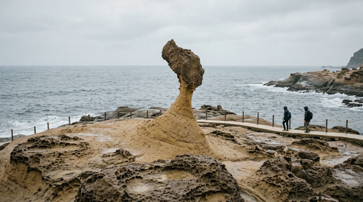 The Queen's Head mushroom rock at Yehliu Geopark under morning light, the coastal stop on the northeast Taipei tours in Taiwan